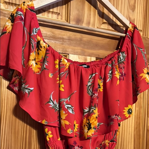 Express Red Floral Off-Shoulder Midi Dress - Picture 3 of 10